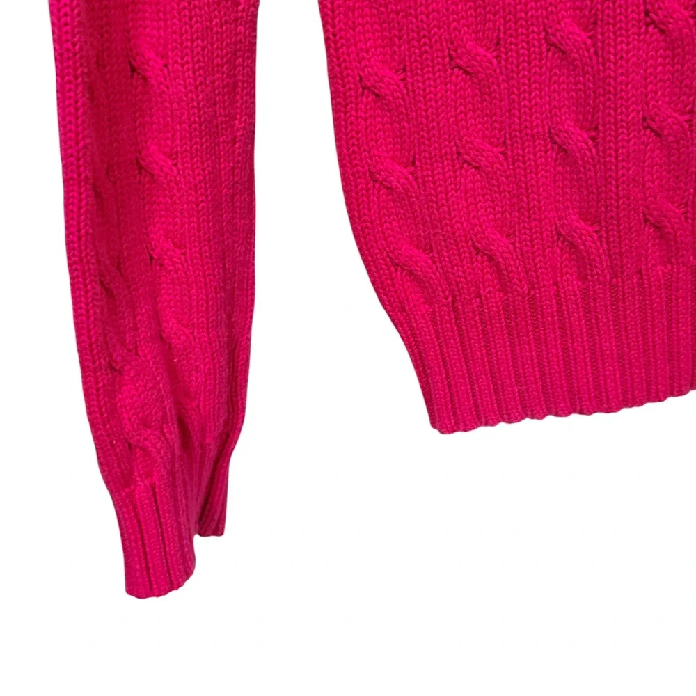 Ralph Lauren Sport Womens Hot Pink Cable Knit V-Neck Cotton Sweater Large Pony